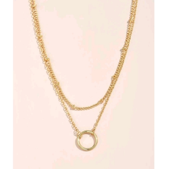 Anthropologie Trendy Minimalist Double Layered Open Circle& Beaded Gold Necklace - Picture 3 of 4